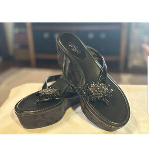 Coach Norice Beaded Signature Wedge Sandals Black